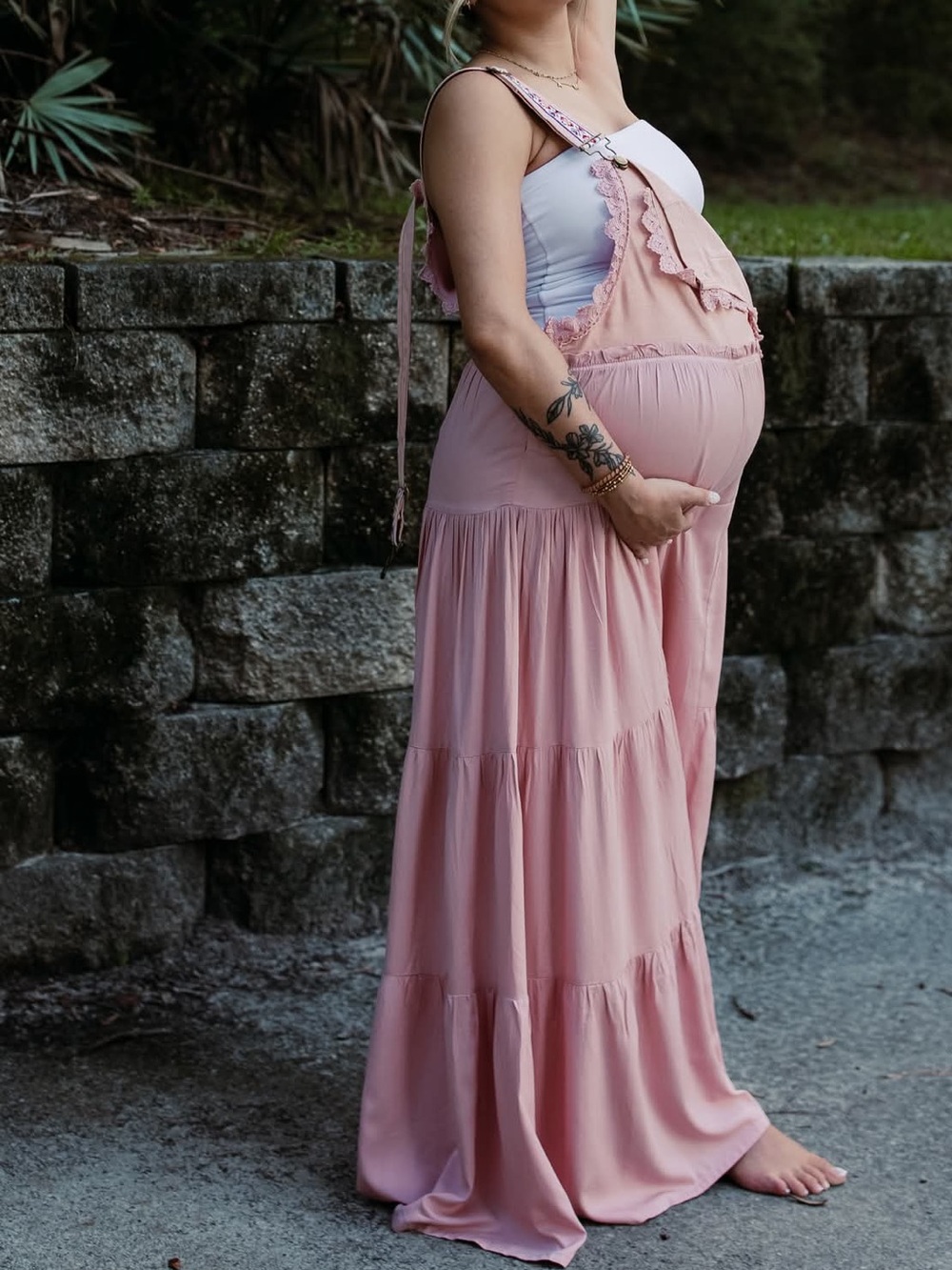 Maternity Pink Maxi Skirt with Ruffle Bib